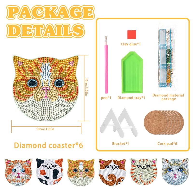 6 pcs Set Diamond Painting Coaster Cute Cats Series Round Crystal Drill Diamond Painting Cup Mat with Cork Pad