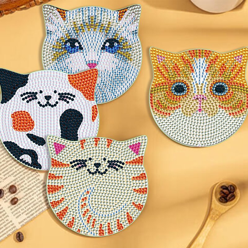 6 pcs Set Diamond Painting Coaster Cute Cats Series Round Crystal Drill Diamond Painting Cup Mat with Cork Pad