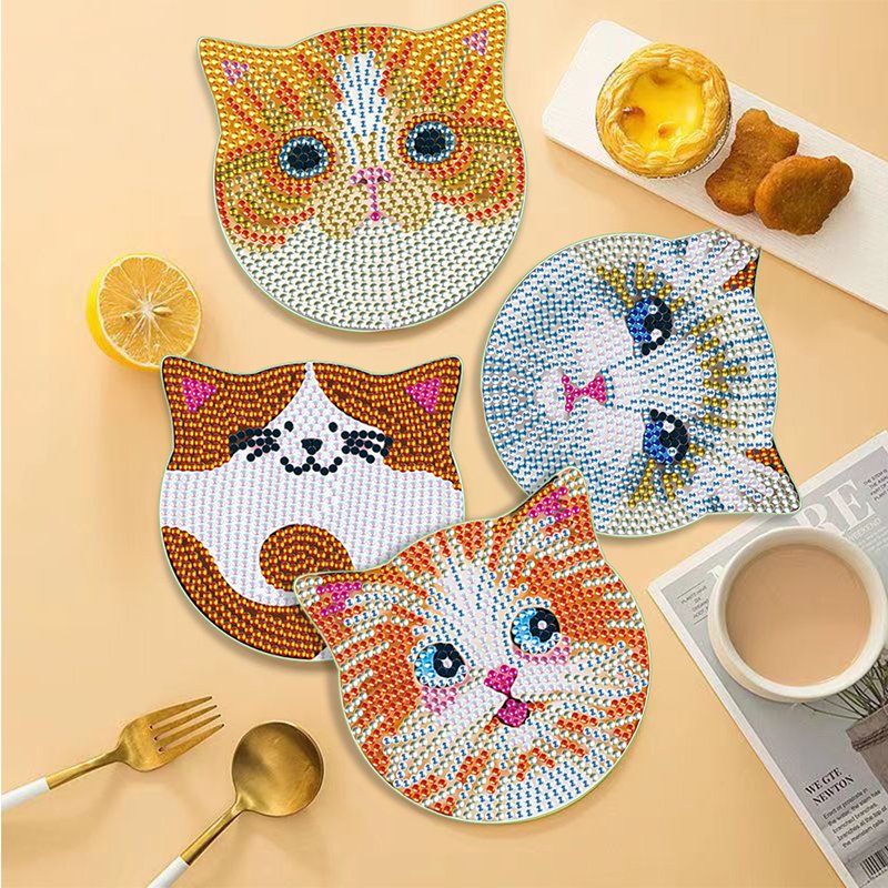 6 pcs Set Diamond Painting Coaster Cute Cats Series Round Crystal Drill Diamond Painting Cup Mat with Cork Pad
