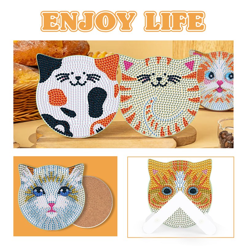 6 pcs Set Diamond Painting Coaster Cute Cats Series Round Crystal Drill Diamond Painting Cup Mat with Cork Pad
