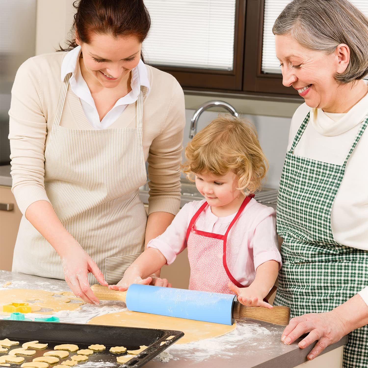 Food Safe Grade Silicone Household Kids Baking Dough Rolling Pin With Wooden Handles