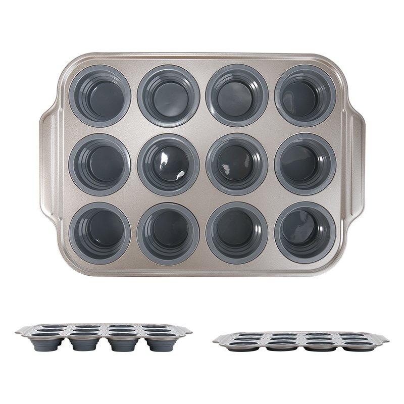 Bakery Carbon Steel 12 Cavities Cake Pan Silicone Oven Foldable Baking Mold 12 Cups Folding Silicone Cake Mold