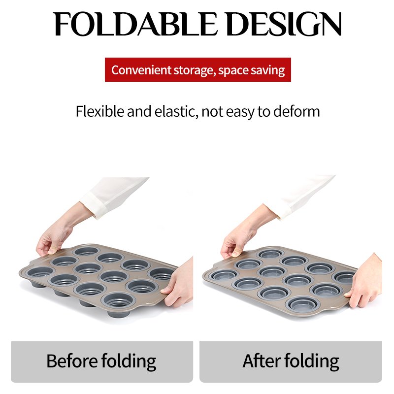 Bakery Carbon Steel 12 Cavities Cake Pan Silicone Oven Foldable Baking Mold 12 Cups Folding Silicone Cake Mold