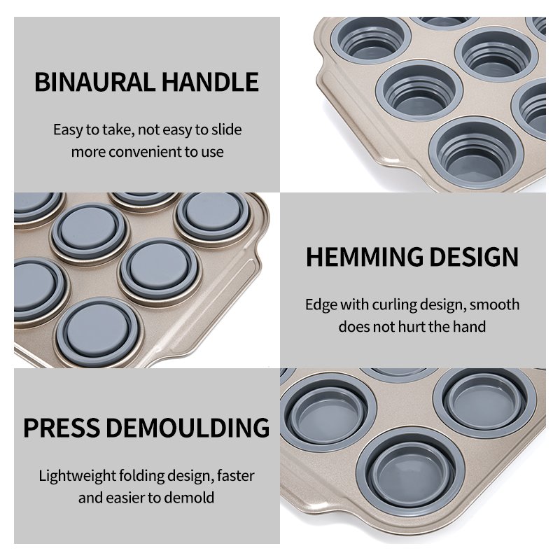 Bakery Carbon Steel 12 Cavities Cake Pan Silicone Oven Foldable Baking Mold 12 Cups Folding Silicone Cake Mold