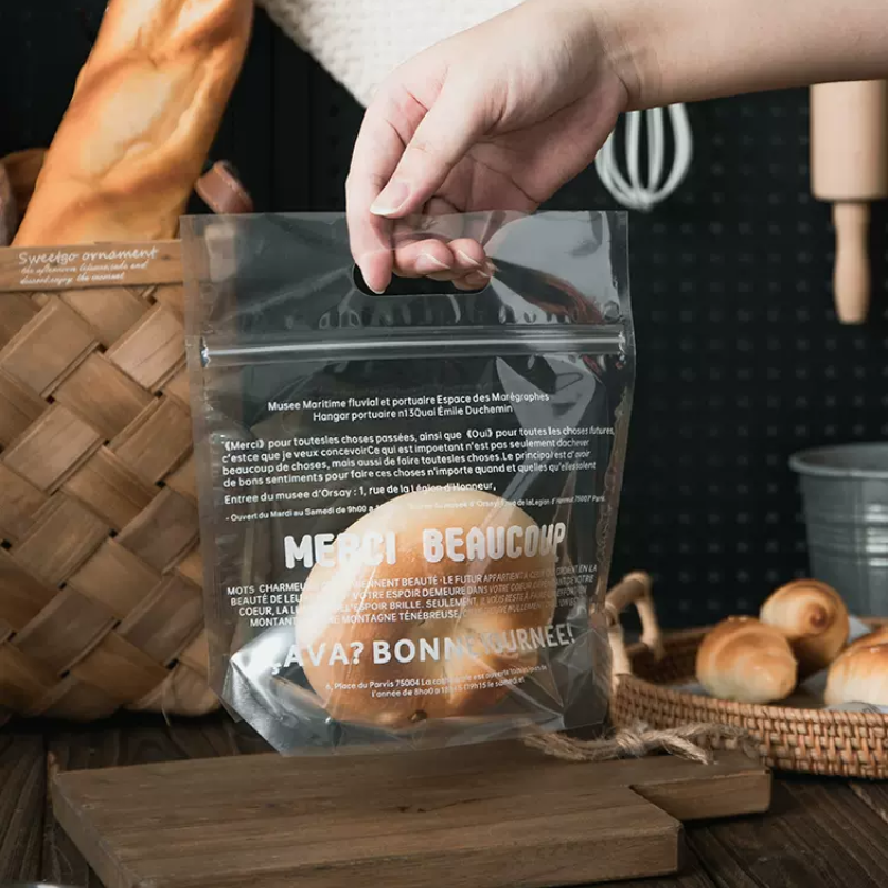 Custom plastic PE PVC toast bread packaging bag transparent bakery packaging clear zipper bread stand up bags with handle