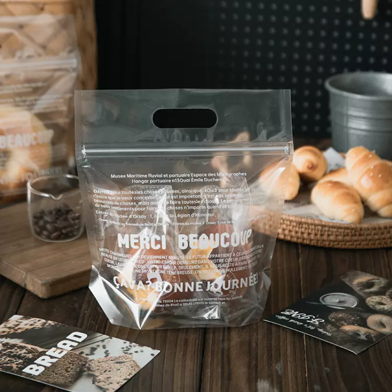 Custom plastic PE PVC toast bread packaging bag transparent bakery packaging clear zipper bread stand up bags with handle