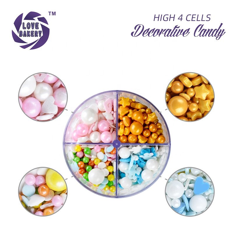 LOVEBAKERY 4 Cells Separate Compartment Sugar Beads Edible Baking Ingredients Bakery Sprinkles for Cake Decoration