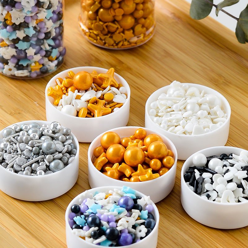 Golden and silvery artificial color and natural pigment edible sugar beads bakery ingredients manufacturer for cake decoration