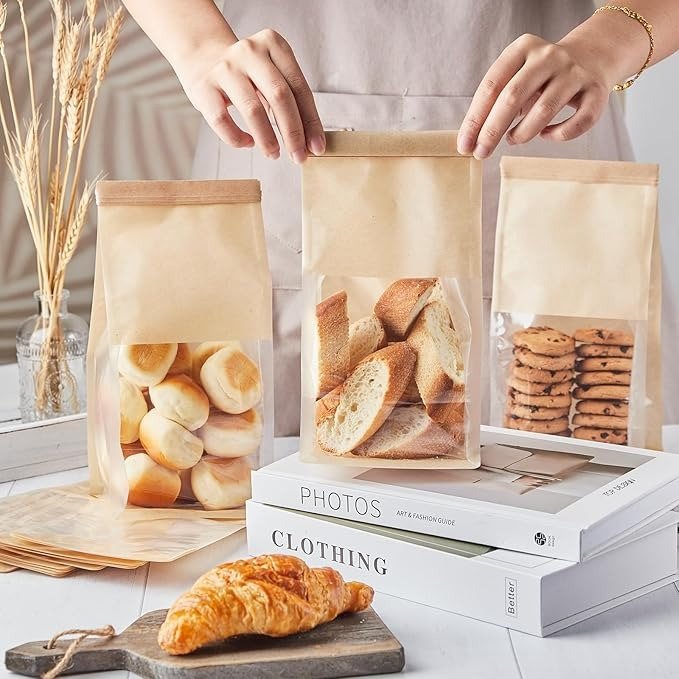 Custom Brown Paper Bakery Packaging Bag Bread Loaf bagel Toast Cookie Tin Tie Tab Lock Treat Bags Kraft Paper Window bag