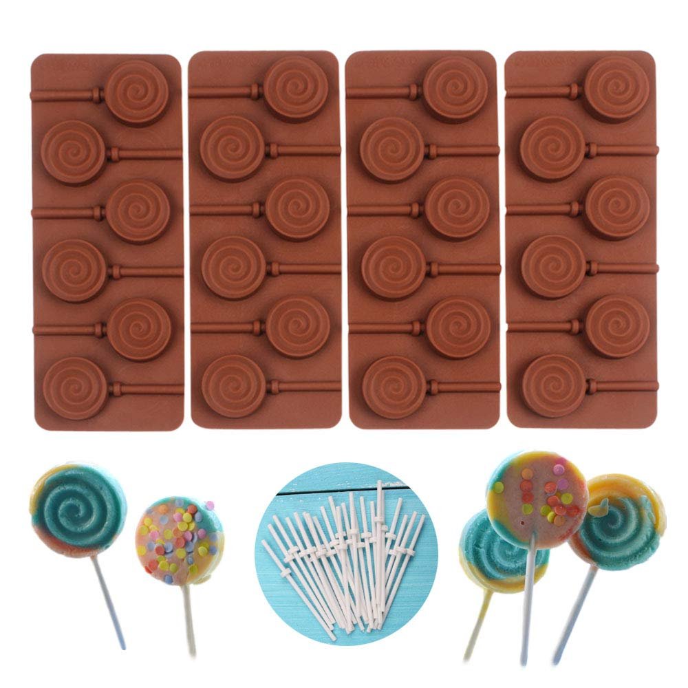 Srock Hot Sale Round Swirl Shape Silicone Lollipop Mold With 24pcs Reusable Sticks for Hard Candy Chocolate Cake Decorating