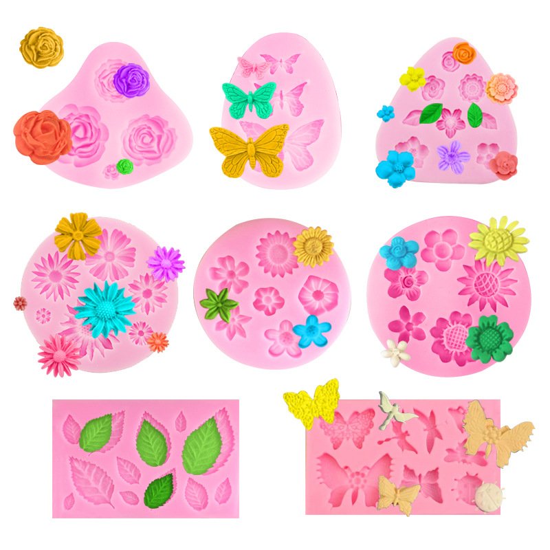 8 Pack Fondant Molds Mini Flower Butterfly Leaf Rose Clay Molds for Cake Decorating Moldes De Silicon