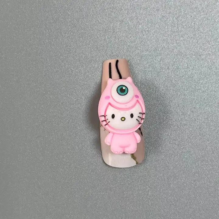 Foretrend New Cute One Eyed Kitty Cat Resin Cartoon Handmade Accessories Kawaii 3D Pink Annie Nail Art Decoration Rhinestone