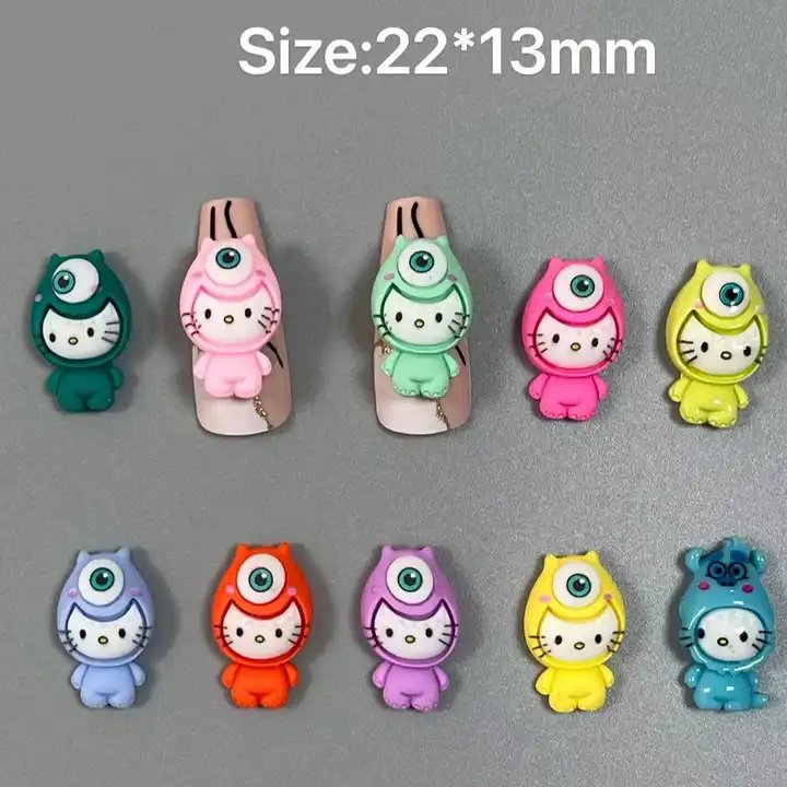 Foretrend New Cute One Eyed Kitty Cat Resin Cartoon Handmade Accessories Kawaii 3D Pink Annie Nail Art Decoration Rhinestone