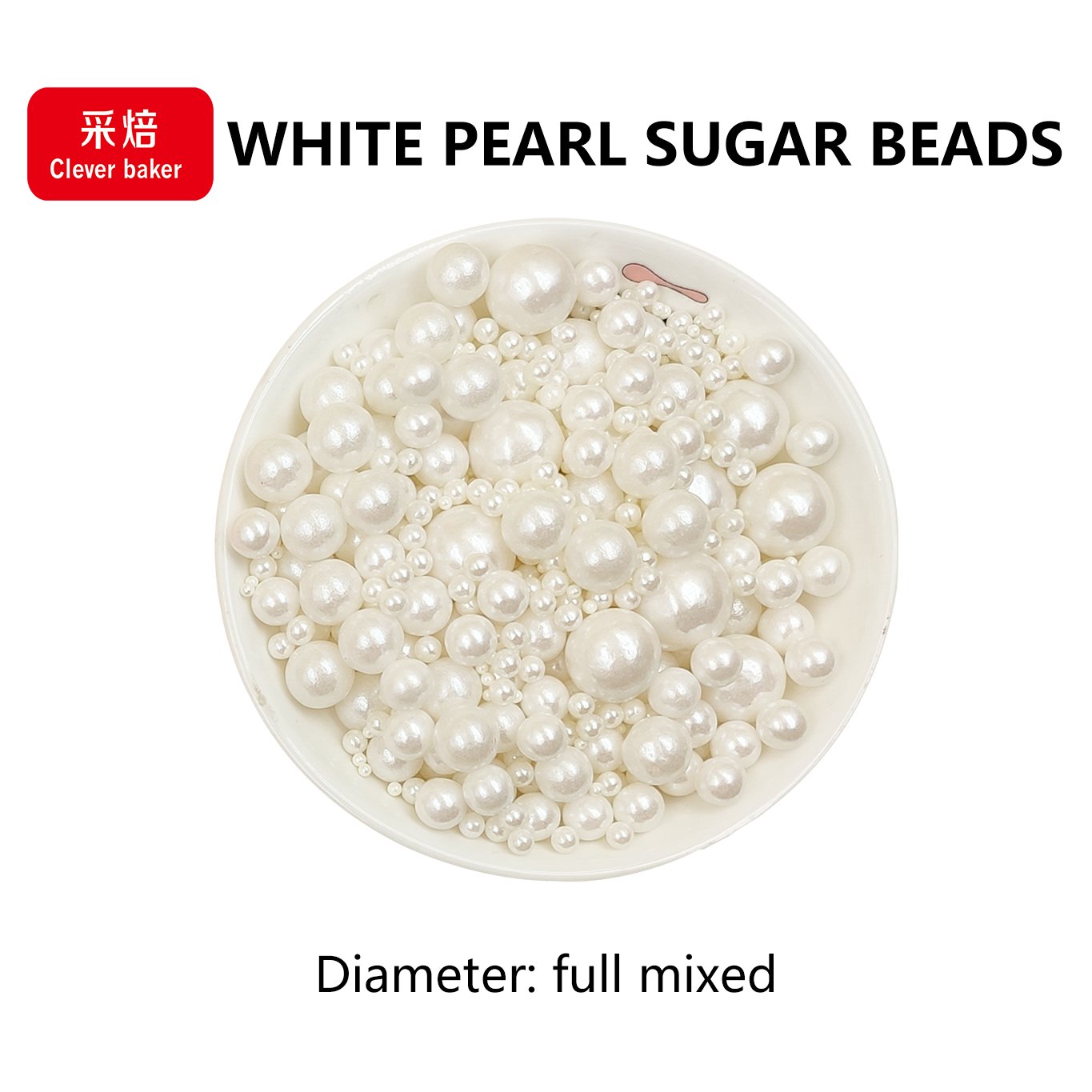 Solid White Edible Sugar Beads in Mixed Sizes Halal Cake Sprinkles Wholesale for Bakery Bag Packaging