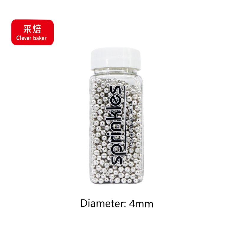 4mm Silver Pearl Pattern Edible Sugar Beads Metallic Cake Sprinkles Halal Compliant Packaged in Bottle or Bag