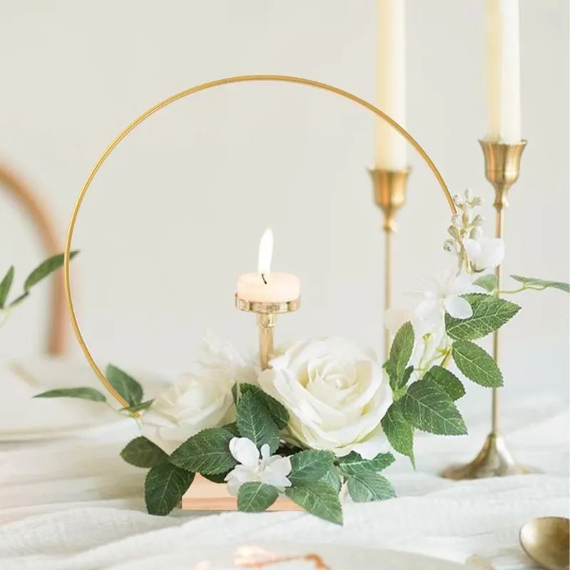 20cm Gold Metal Flowers Hoop with Place Card Holder Wedding Table Centerpiece Decoration Christmas DIY Wreath Garland Round Ring