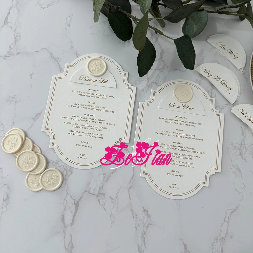 Elegant Custom Die-Cut Wedding Menu Cards with Guest Name Place Cards and Exquisite Wax Seals & Single Side and Color Print