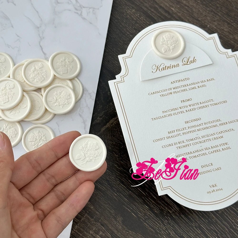 Elegant Custom Die-Cut Wedding Menu Cards with Guest Name Place Cards and Exquisite Wax Seals & Single Side and Color Print