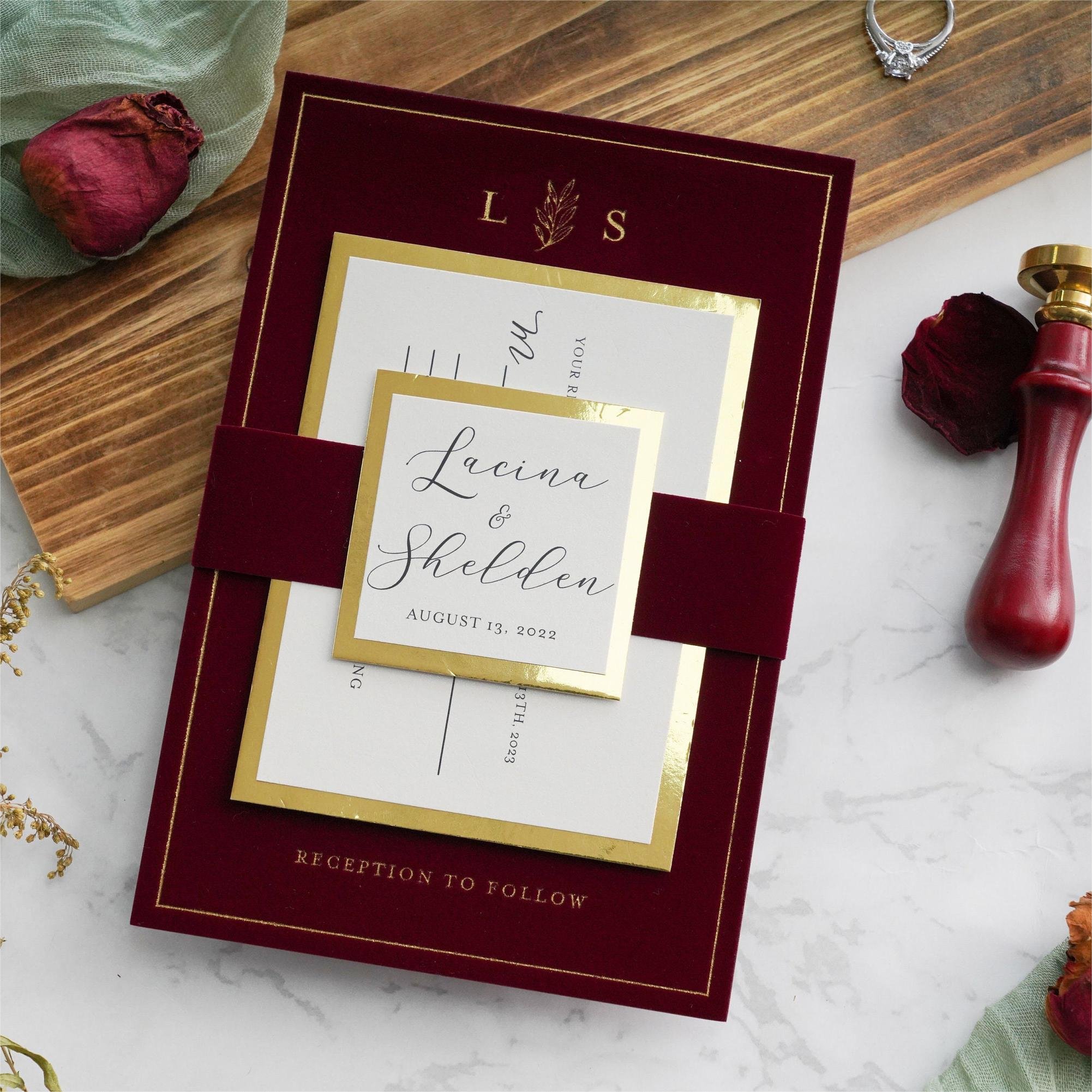 Velvet Wedding Invitation Cards Burgundy Velvet Envelope Gold Foil Print Velvet Wedding Invitation Cards