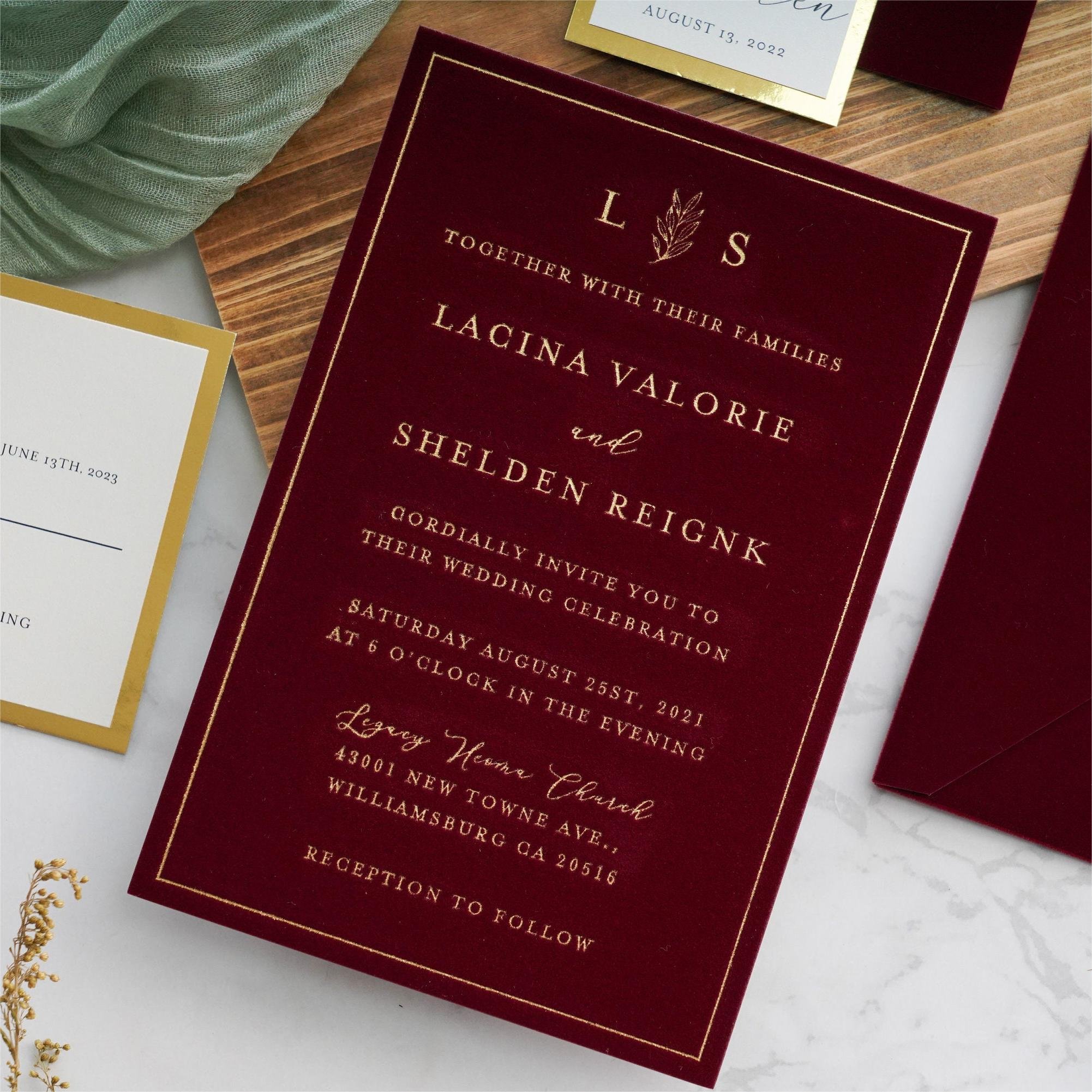 Velvet Wedding Invitation Cards Burgundy Velvet Envelope Gold Foil Print Velvet Wedding Invitation Cards