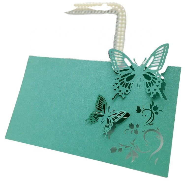 lovely paper laser cutting blue color butterfly table card place name seats card with free logo wholesaler for wedding favor