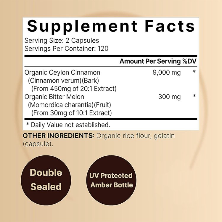 Non-GMO No Gluten 240 Capsules Ceylon Cinnamon Made with Organic Sri Lanka Ceylon Cinnamon and Organic Bitter Melon
