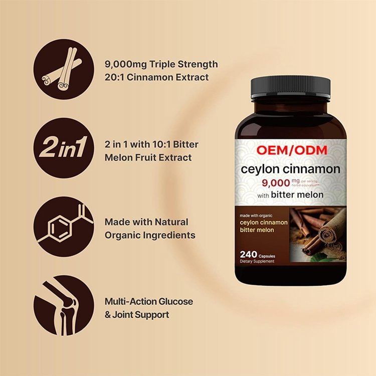 Non-GMO No Gluten 240 Capsules Ceylon Cinnamon Made with Organic Sri Lanka Ceylon Cinnamon and Organic Bitter Melon