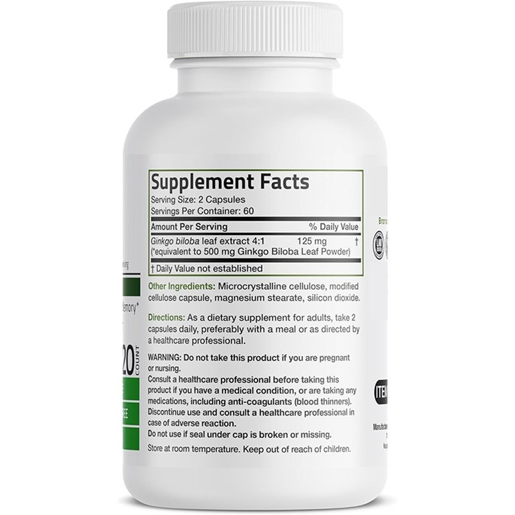 120 Vegetarian Capsules Ginkgo Biloba Extra Strength 125mg for Brain Function & Memory