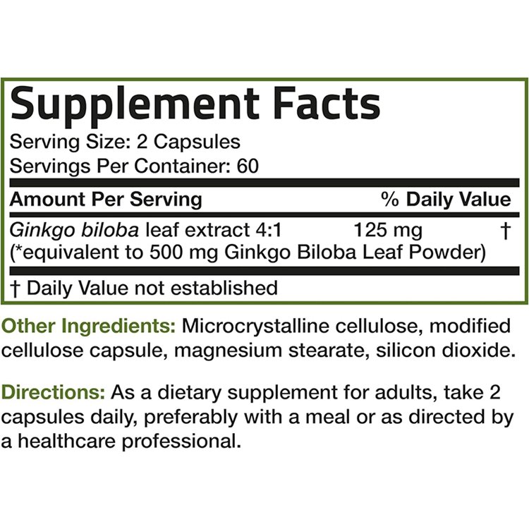 120 Vegetarian Capsules Ginkgo Biloba Extra Strength 125mg for Brain Function & Memory