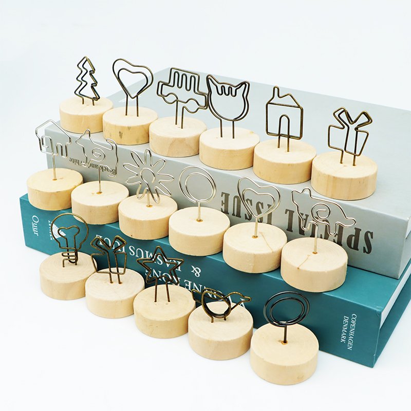 Custom Metal Wire Shape Round Base Wooden Memo Clip Gift Photo Display Card Holder Place Card Holder