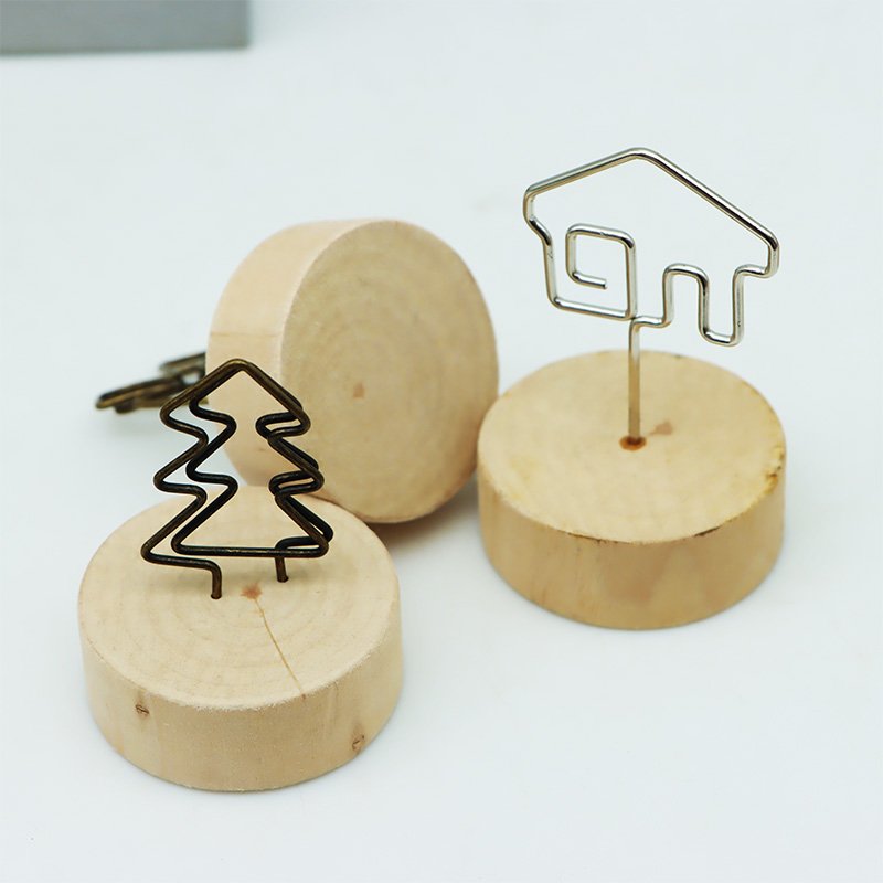 Custom Metal Wire Shape Round Base Wooden Memo Clip Gift Photo Display Card Holder Place Card Holder