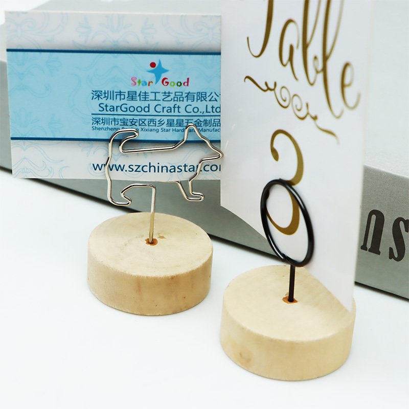Custom Metal Wire Shape Round Base Wooden Memo Clip Gift Photo Display Card Holder Place Card Holder