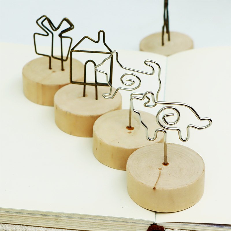 Custom Metal Wire Shape Round Base Wooden Memo Clip Gift Photo Display Card Holder Place Card Holder