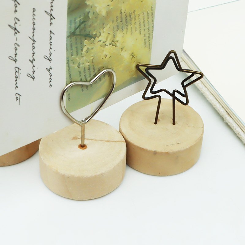 Custom Metal Wire Shape Round Base Wooden Memo Clip Gift Photo Display Card Holder Place Card Holder