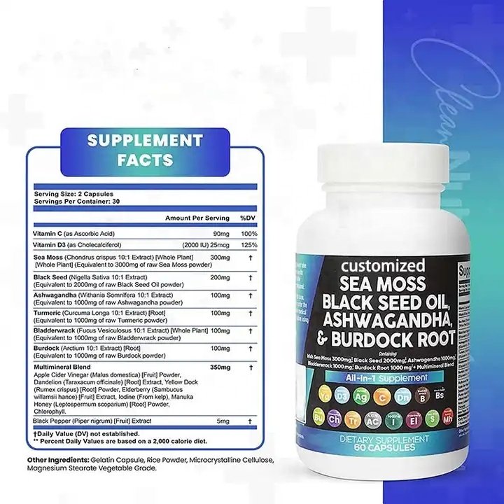 Private label sea moss supplier sea moss black seed oil ashwagandha organic sea moss capsules