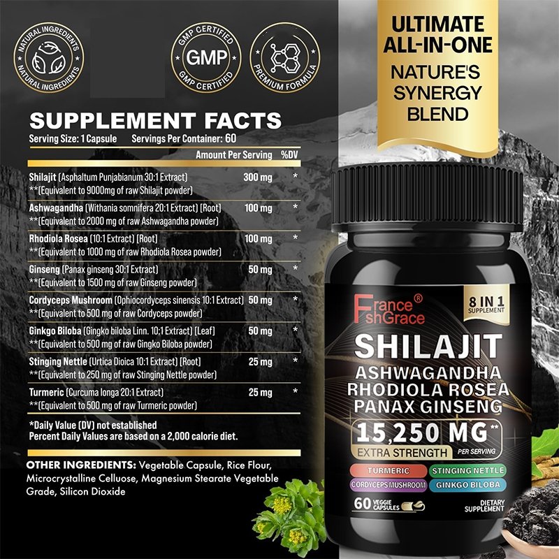 Shilajit Extract Powder Fulvic Acid Capsule Shilajit Capsule Energy Booster with Ashwagandha Support Enhance Male Strength