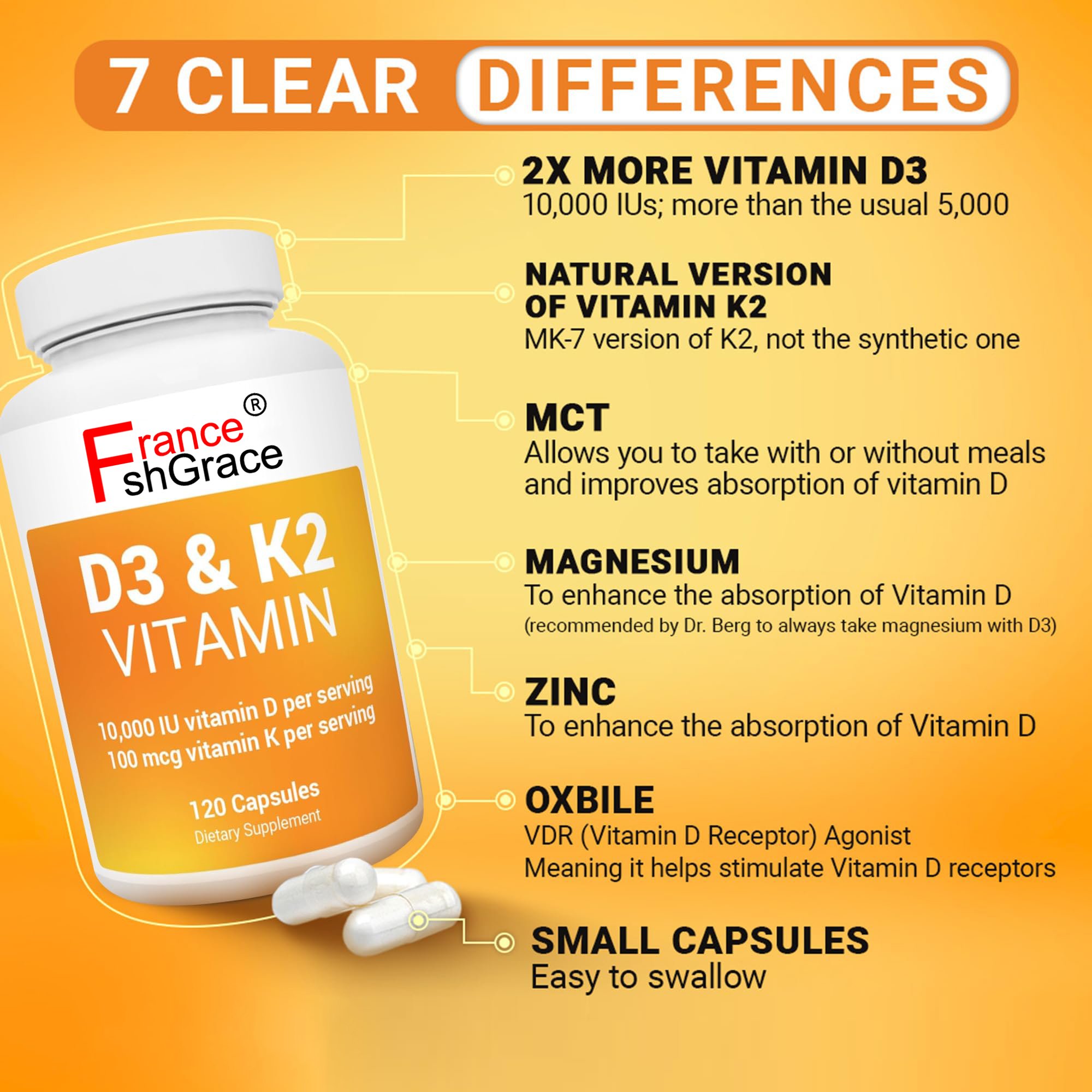 Customized Vitamin D3 K2 MCT Powder Purified Bile Salts Zinc Magnesium Ultimate Absorption K2 D3 Vitamin Supplement 120 Capsules