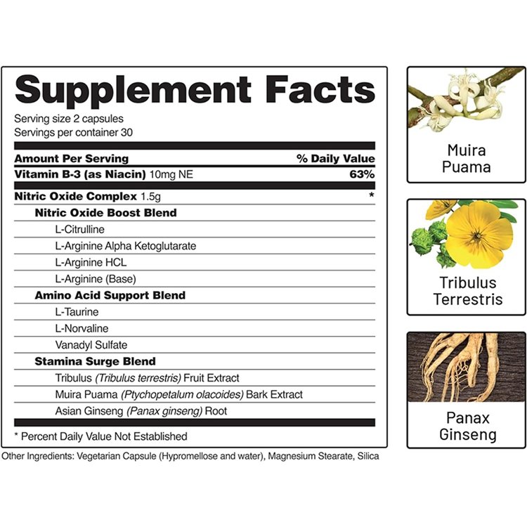 60 Count Nitric Oxide Booster Performance Formula for Stamina & Endurance