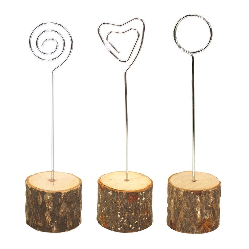 Natural Rustic Wood Place Card Holders with Swirl Wire Bark Memo Holder Stand Card Photo Picture Note Clip Holders