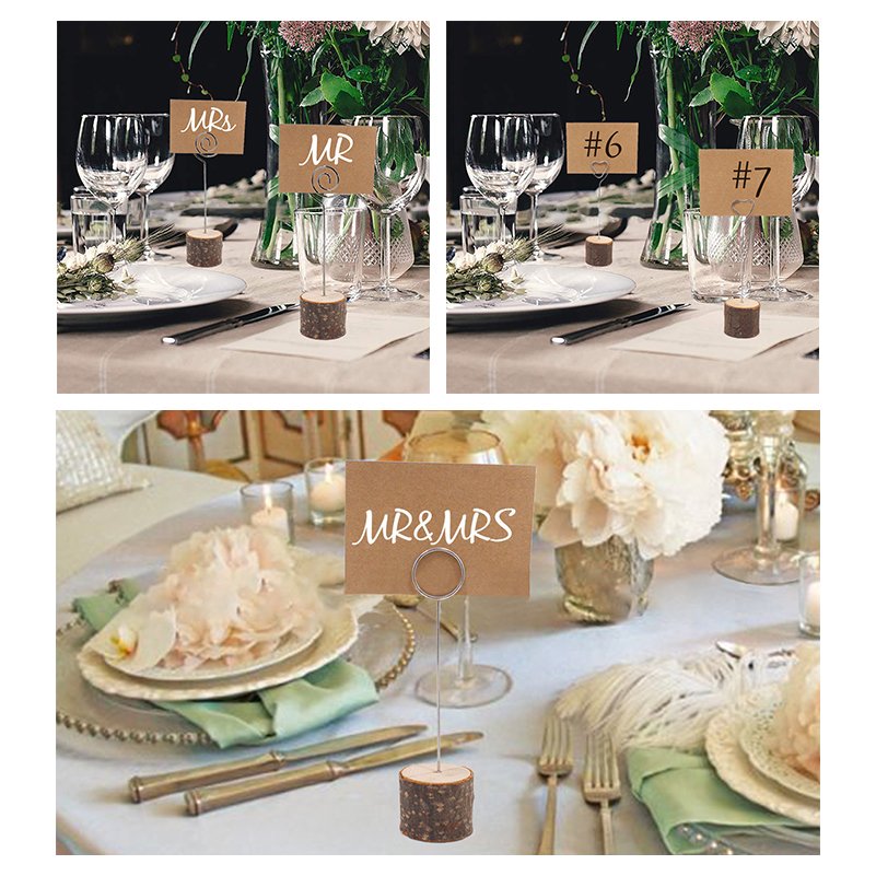 Natural Rustic Wood Place Card Holders with Swirl Wire Bark Memo Holder Stand Card Photo Picture Note Clip Holders