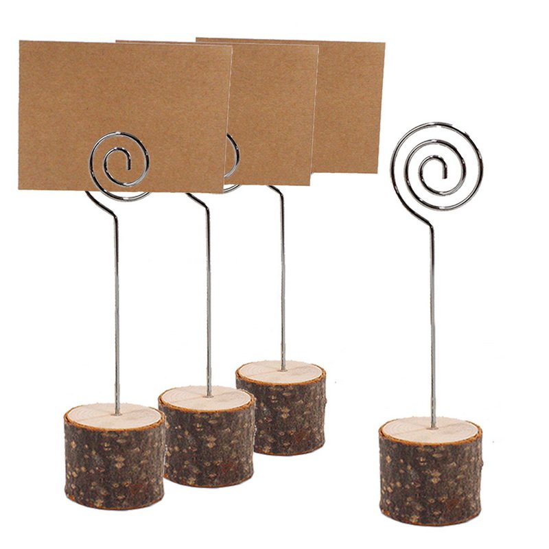 Natural Rustic Wood Place Card Holders with Swirl Wire Bark Memo Holder Stand Card Photo Picture Note Clip Holders