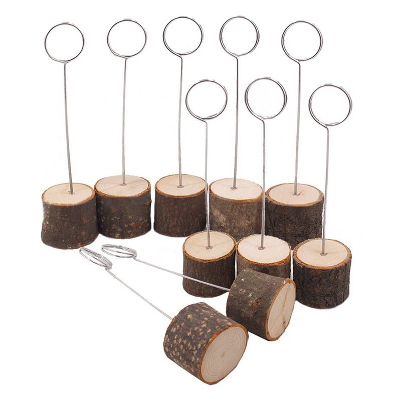 Natural Rustic Wood Place Card Holders with Swirl Wire Bark Memo Holder Stand Card Photo Picture Note Clip Holders