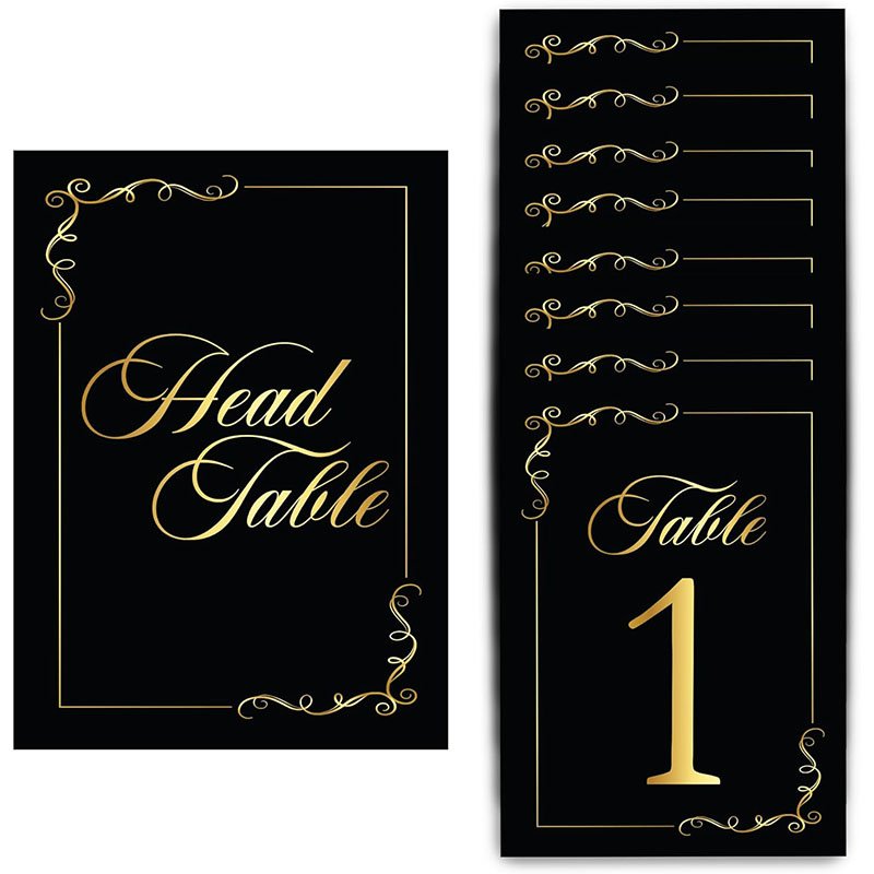 Gold Foil Table Numbers 1-30 and Head Table Card Wedding Place Seating Cards Black and Gold Table Numbers Cards