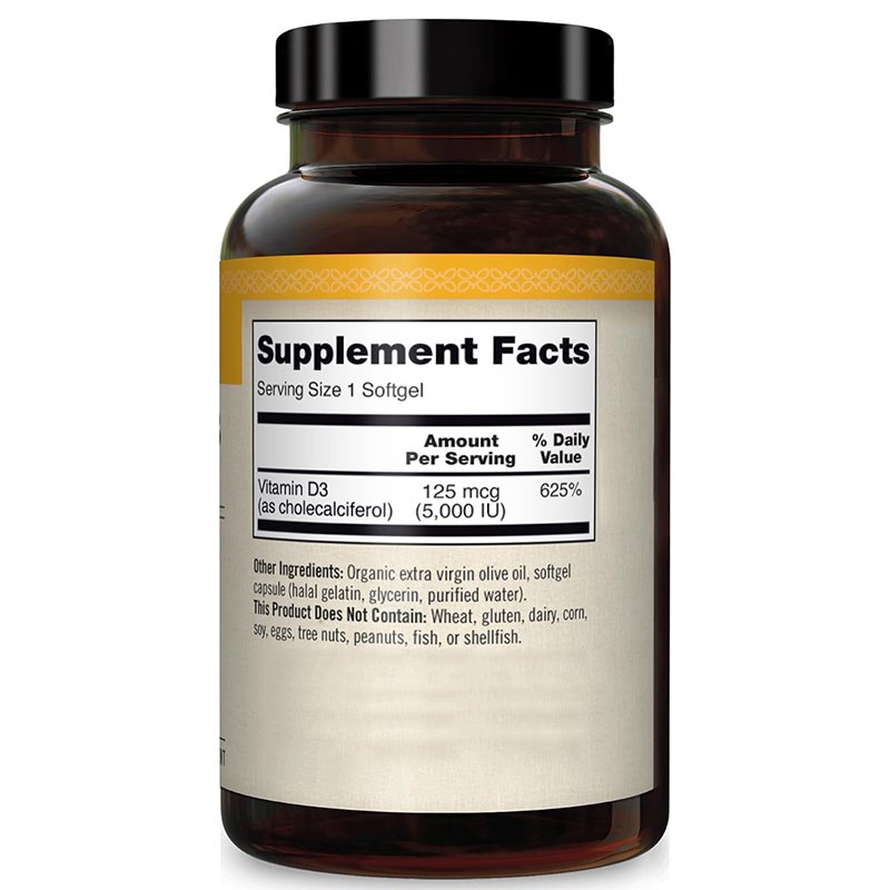 Vitamin D3 5000iu (125 mcg) Healthy Muscle Function, and Immune Support in Cold-Pressed Olive Oil