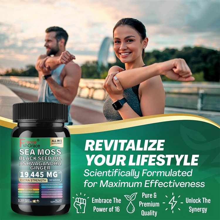 Organic Sea Moss Black Seed Oil Ashwagandha Turmeric Bladderwrack Burdock Ginger Vitamin C with Elderberry Manuka Dandelion