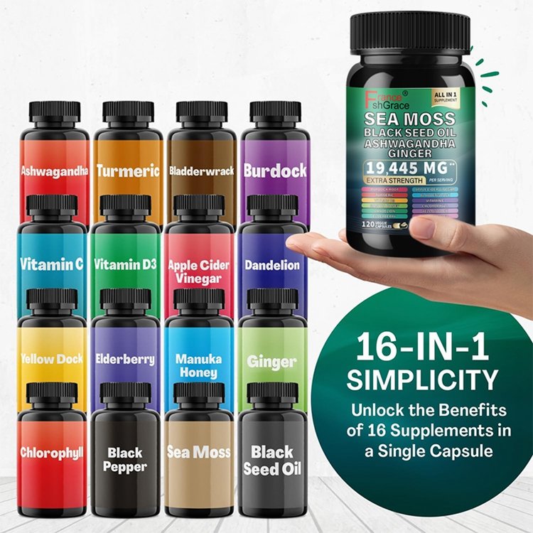 Organic Sea Moss Black Seed Oil Ashwagandha Turmeric Bladderwrack Burdock Ginger Vitamin C with Elderberry Manuka Dandelion