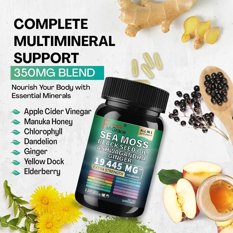 Organic Sea Moss Black Seed Oil Ashwagandha Turmeric Bladderwrack Burdock Ginger Vitamin C with Elderberry Manuka Dandelion