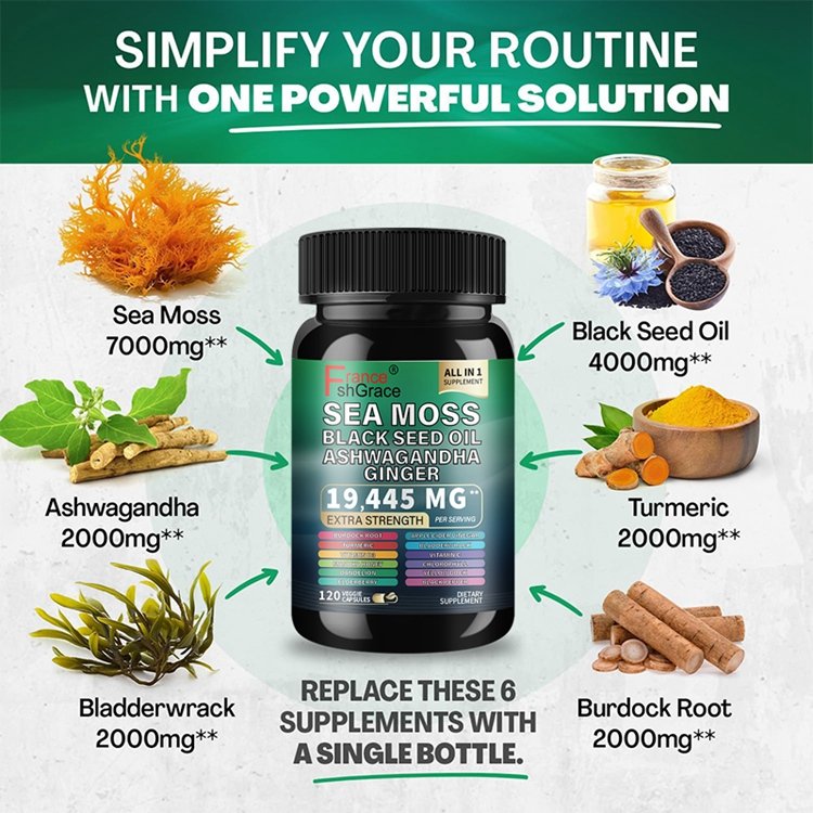 Organic Sea Moss Black Seed Oil Ashwagandha Turmeric Bladderwrack Burdock Ginger Vitamin C with Elderberry Manuka Dandelion