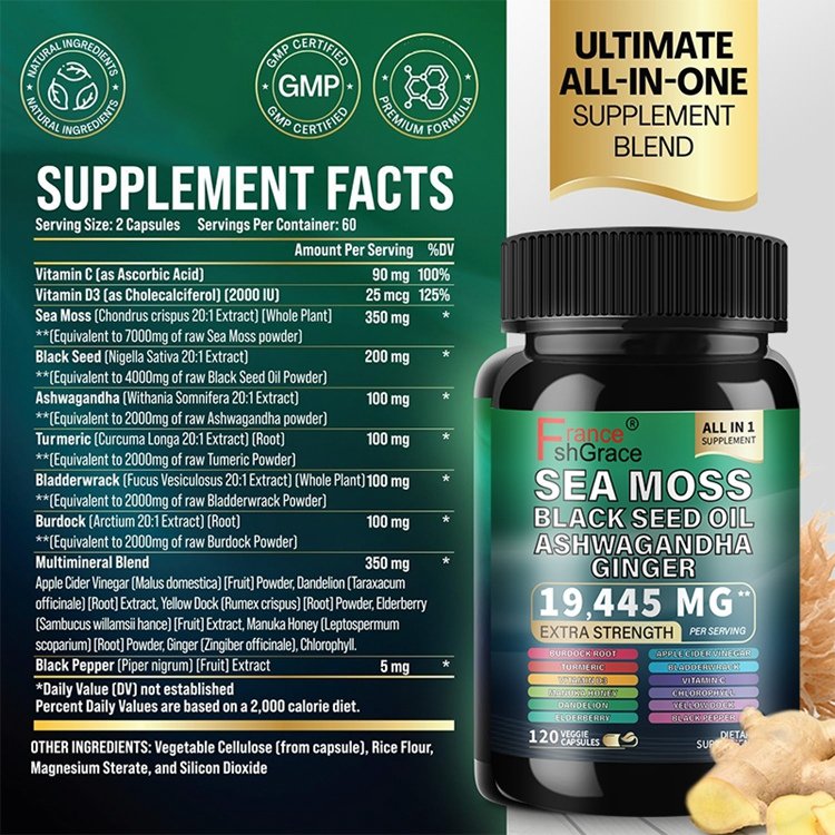 Organic Sea Moss Black Seed Oil Ashwagandha Turmeric Bladderwrack Burdock Ginger Vitamin C with Elderberry Manuka Dandelion