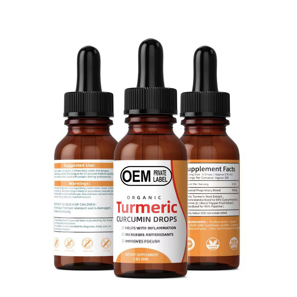 OEM Private Label Turmeric and Ginger Supplement Drops Vegan Turmeric Curcumin Liquid Drops with Black Pepper